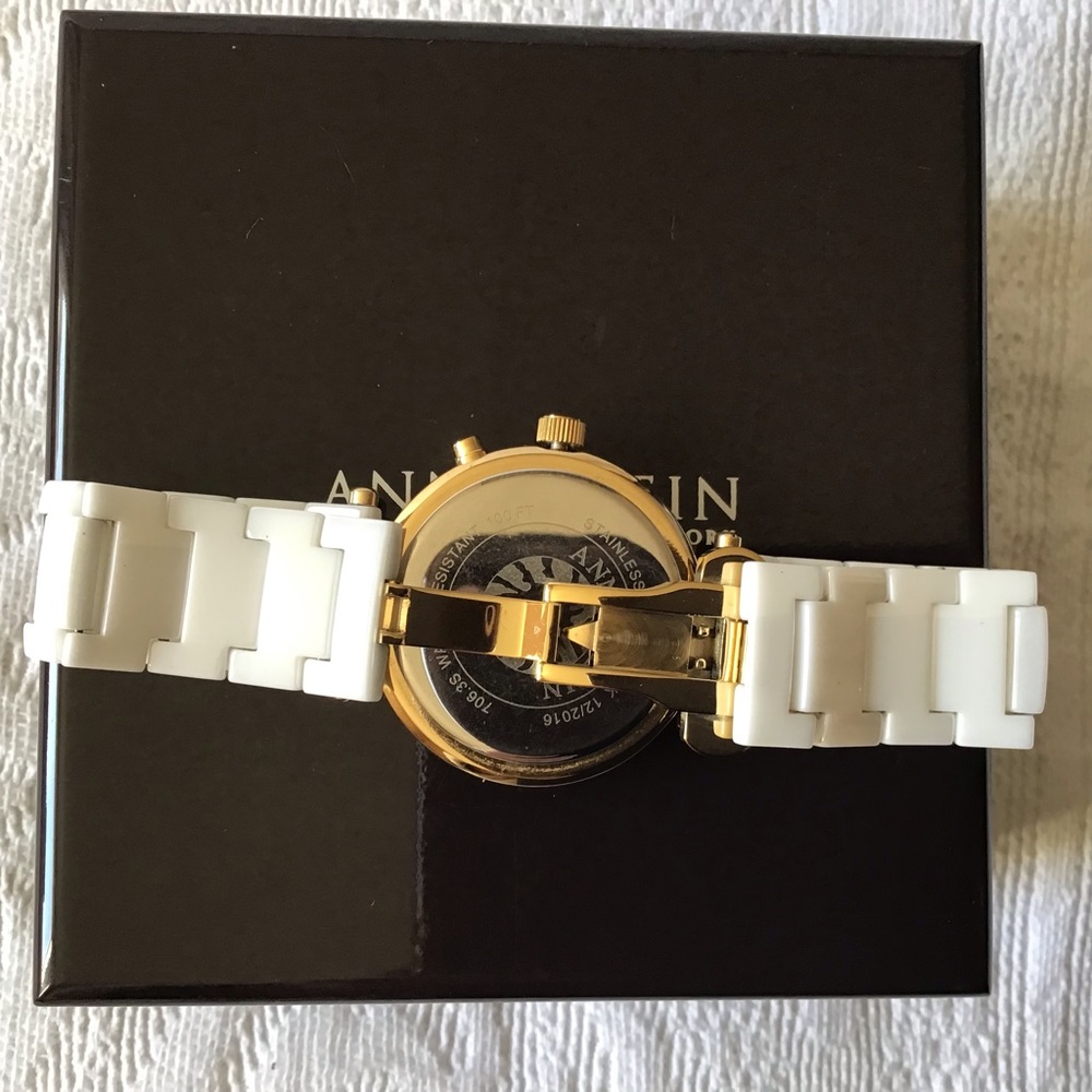 Anne Klein Swiss genuine diamond gold tone white ceramic mother of pearl watch - Picture 7 of 12